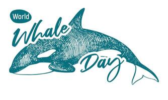 Whale Day emblem, February 19, 2025. linear drawing of killer whale. Concept of global problem of preserving animal diversity in the ocean. Orca design for t-shirt. vector