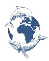 emblem for Whale Day or Ocean Day. Line drawing of dolphin and humpback whale against the background of planet Earth. Concept of conservation of nature and diversity of marine mammals. vector