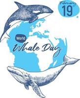 Vertical banner for Whale Day, February 19, 2025. Concept of the global problem of preserving animal diversity in the ocean. linear drawing of marine mammals on the background of planet Earth. vector