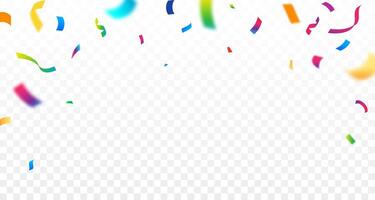 Celebration background template with confetti Colorful ribbons. Bright festive tinsel of multi color. Anniversary or birthday design template. vector