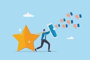 Protect brand reputation, trust or manage negative customer review, feedback or engagement, marketing solution, strategy concept, businessman shield protect star reputation form thumb down feedback. vector