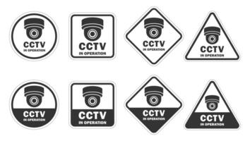 Warning black and white sign set. Security cameras in use symbol icon. Fixed CCTV camera logo sign collection. illustration image. Isolated on white background. vector
