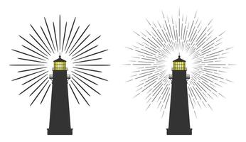 Lighthouse icon symbol shape set. Light house logo sign collection. Navigation Shore light beacon. light house with light rays silhouette illustration. Isolated on white background. vector