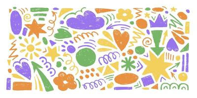 Hand drawn set of colorful charcoal abstract shapes. collection of contemporary texture figure in doodle style. Design elements perfect for banner, print, stickers, decor vector