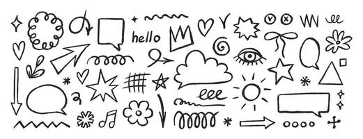 Crayon drawn doodle set, shapes, line and simple elements. Hand drawn brush highlight, arrow, speech bubble cloud, black illustrations vector
