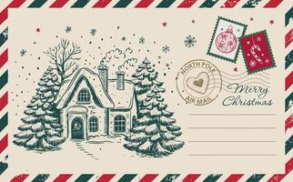 Postcard, Christmas mail with home and tree, hand drawn illustration. vector