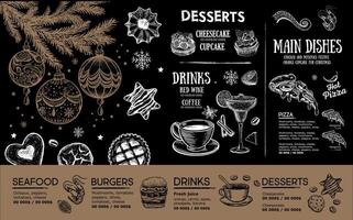 Christmas and New Year menu cafe. Template design. Hand drawn illustrations. vector