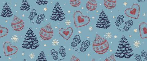 Christmas pattern with tree, ball, on blue, hand drawn illustrations vector
