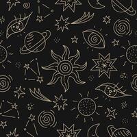Celestial Doodle seamless pattern with black and gold colors vector