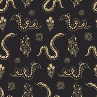 Celestial Snake and Flowers Doodle Seamless Pattern vector
