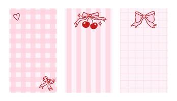 Trendy stories templates for social media. Set of vertical frames with coquette pretty charming bows, heart, cherry berry, stars. Vintage checkered and striped background vector