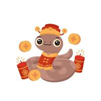 Funny animal character snake with fireworks and coins. Chinese New Year 2025 year symbol. Asian zodiac sign. Illustration isolated on white background vector