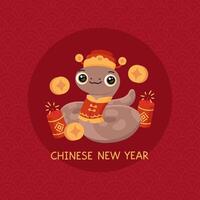 Funny animal character snake with fireworks and coins. Chinese New Year 2025 year symbol. Asian zodiac sign. Illustration on traditional red background of abstract scallops semicircles vector