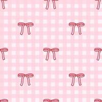 Seamless pattern of small cute bow knots on pink gingham check. Backdrop with coquette pretty charming bow. Vintage illustration. Design for fabric, wallpaper, background vector