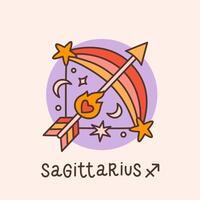 Retro groovy Sagittarius, zodiac sign. Bow and arrow, astrology horoscope symbol in vintage style. Sagittarius constellation. The Fire element. Hippie 60s, 70s design vector