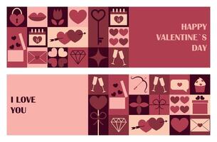 Set of horizontal Valentines Day banners. Greeting card design template with abstract geometric print. illustration vector