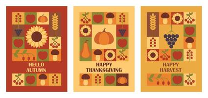Set of Thanksgiving Day, Harvest Festival and Hello Autumn vertical greeting cards with modern abstract geometric pattern. illustration vector