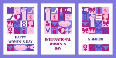 Set of greeting cards with modern geometric print for Womens Day. illustration vector