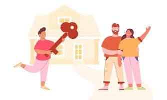 young married couple receives the keys to their new home. Renting, buying property vector