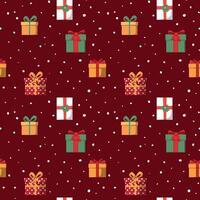 Christmas presents and white snowflakes seamless pattern on red background. For textile, wrapping paper, packaging, backdrop, wallpaper. vector