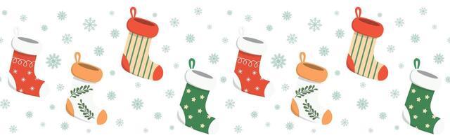 Winter holiday border pattern with colorful Christmas stockings and snow. Isolated on a white background. Cartoon hand drawn illustration in a flat style. vector