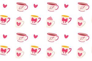 Seamless pattern with cute cups and mugs for valentines day. Flat illustration vector