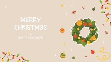 Merry Christmas and happy new year banner with door wreath design vector