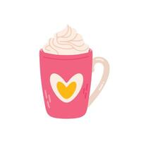 Cup of hot chocolate with whipped cream and heart. Flat illustration. vector