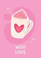Cute Valentines day greeting card with cup on pink background vector