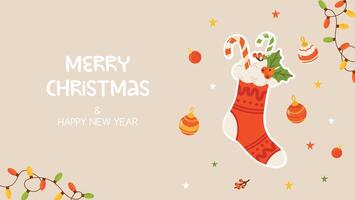 Merry Christmas and happy new year banner sock and candy vector