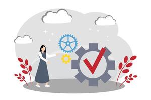 The concept of problem solving, the achieved goal and task. Woman and Gears vector
