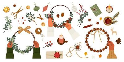Hands Crafting Handmade Christmas Wreaths with Greenery, Berries, and Ribbon vector