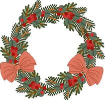 Christmas Wreath with Fluffy Spruce Branches and Red Bows Illustration vector