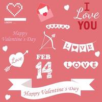 Valentines day label collection. Valentines day graphic design elements with hearts, text, and symbols on a pink background. Set of hearts, romantic lettering, phrases for card, social media, message vector