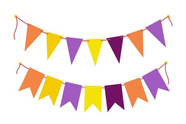 Festive Pennant garland on rope in trendy Halloween colors orange, yellow and purple. Set 2 elements. Isolated illustration Cards, poster, banner, border or web promo, invitations, label, price