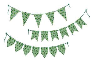 St Patrick greetings Pennant garlands on rope with quatrefoil clover pattern in monochrome green. Set 3 Isolated illustration St Patrick cards, post, leaflets, banner or web promo, price, label vector