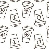 Outline disposable cups with coffee bean and heart on label Seamless Pattern. Coffee background idea. Isolated illustration Thematic or greeting cards, Wallpaper, leaflets, banner or web promo vector