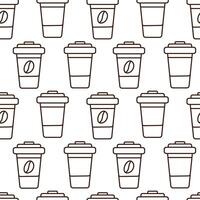 Outline Disposable cups with lid and coffee bean on label in brown minimalistic. Takeaway background. Isolated illustration Wallpaper, wrapping or web promo, posting, banners, leaflets, cards vector