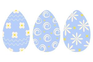 Easter Eggs patterned freehand abstract ornament, floral pattern and decorative stars, dots and wave. Set 3 Isolated Illustration Sticker, Icon, Greeting card, leaflet, banner or web promo, tag vector