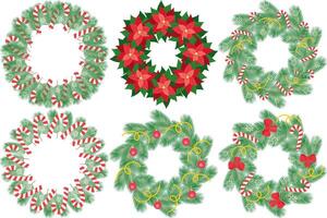Christmas or New Year decorated evergreen twig and Poinsettia wreaths. Circle frames Set 6 Template. Copy space Isolated illustration Lettering, Greeting card, leaflet, banner, tag or web promo vector