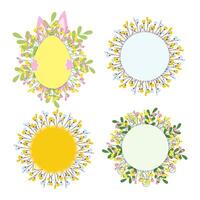 Round Floral frames and egg shape frame with Easter bunny hiding behind. Set 4 Copy space Template. Isolated illustration Easter greeting, Thematic Cards, posting, leaflet, banner or web promo vector