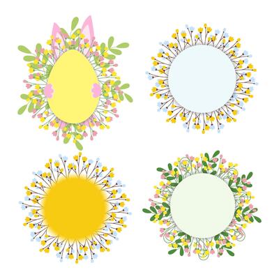 Round Floral frames and egg shape frame with Easter bunny hiding behind. Set 4 Copy space Template. Isolated illustration Easter greeting, Thematic Cards, posting, leaflet, banner or web promo