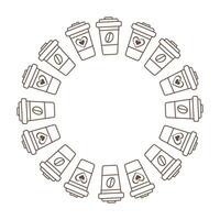 Outline Disposable cups with heart or coffee bean on label Circle Frame in trendy Minimalistic style. Copy space template Isolated illustration Thematic cards, leaflet, banner, tag or web promo vector