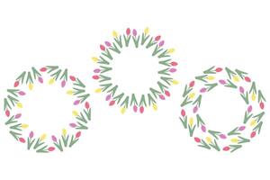 Colorful Tulips in trendy spring shades Circle Frames Copy space Greetings template concept Set of 3. Isolated illustration Thematic cards, blog, banner, leaflets, label, media post or web vector