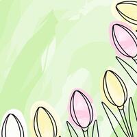 Tulips in trendy soft shades Corner frame border on trendy green background in watercolor style. Isolated illustration Cards, poster, flier, leaflet, banner, price tag, label or web promo idea vector
