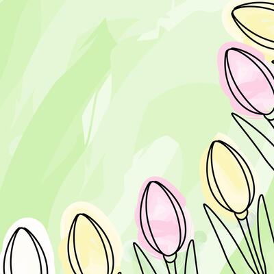 Tulips in trendy soft shades Corner frame border on trendy green background in watercolor style. Isolated illustration Cards, poster, flier, leaflet, banner, price tag, label or web promo idea