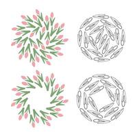 Colorful and Outline tulips Round Frames and Circle Springtime backgrounds textures Set 4 Templates. Isolated illustration Cards, posters, leaflets, banner, brochures, price, label or web promo vector