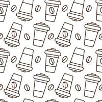 Outline Disposable coffee cups with lid and beans Seamless pattern in trendy minimalism. Coffee fond. Isolated illustration Wallpaper, wrapping or web promo, greeting cards leaflet, banner, tag vector