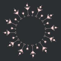Cocktail goblet and Shot glasses Circle Frame in trendy minimalistic pale pink on dark background Copy space Template. Isolated illustration Thematic Cards, posting, blog, leaflet or web promo vector