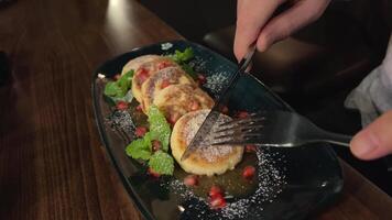 Nutritious breakfast cottage cheese pancake with berries and honey video